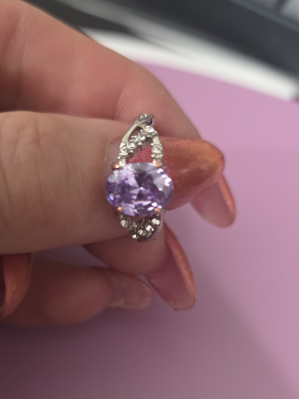Estate Amathyst Ring, Hammered Silver Size 8